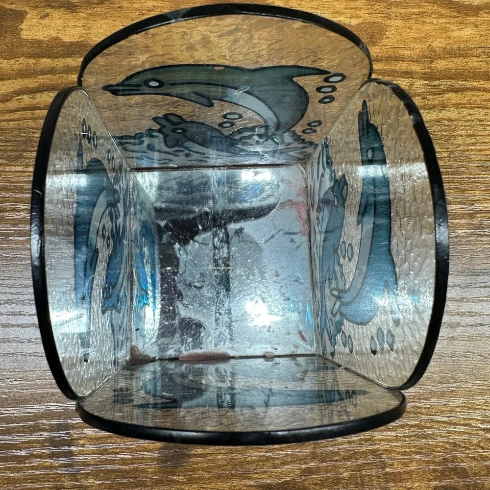 Vintage Stained Glass Dolphin Candle Holder Blue Ocean Nautical Votive Decor